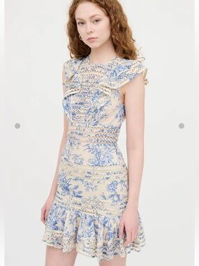 Floral Blue and Cream Zimmerman inspiration Lace-Trim Mini Dress size S